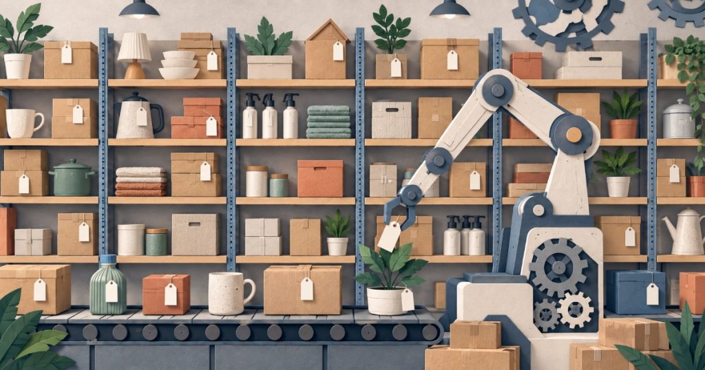 Robotické rameno přidává visačky k produktům na regálech e-shopu