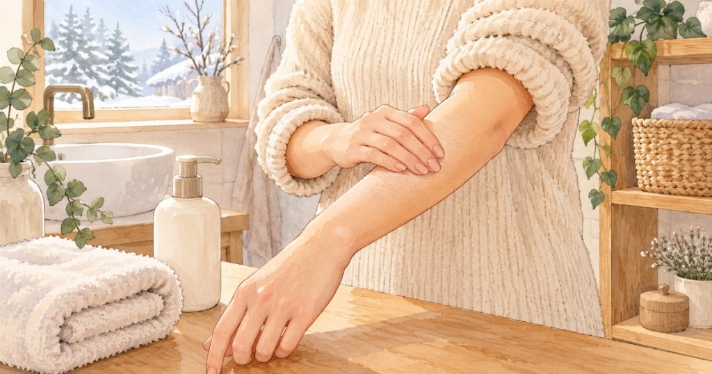 Ruka hladí lehce vysušené předloktí vedle ručníku a lahvičky tělového mléka v koupelně