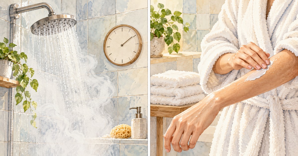 Sprcha s párou vedle osoby v županu, která krémuje vlhké předloktí